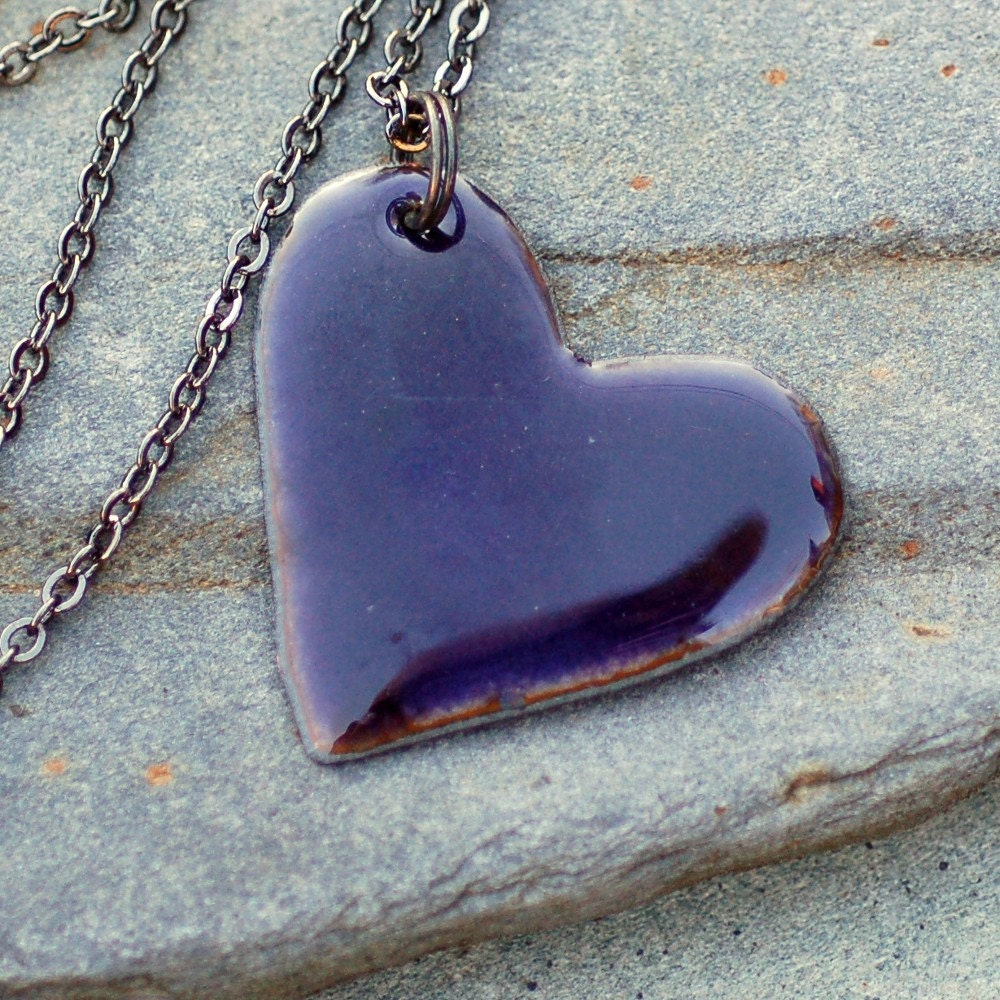 Enamel Heart Pendant Necklace Copper Enameled Jewelry Purple