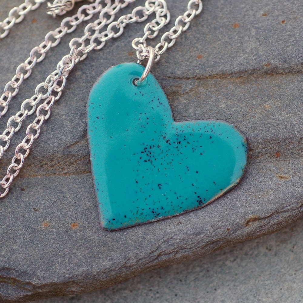 Enamel Heart Pendant Necklace Copper Enameled Jewelry Turquoise