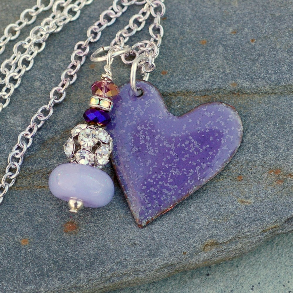 Enamel Heart Pendant Necklace Copper Rhinestone Dangle Purple