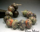 HANDMADE LAMPWORK GLASS Bead Set Donna Millard rustic relic assemblage orange green black