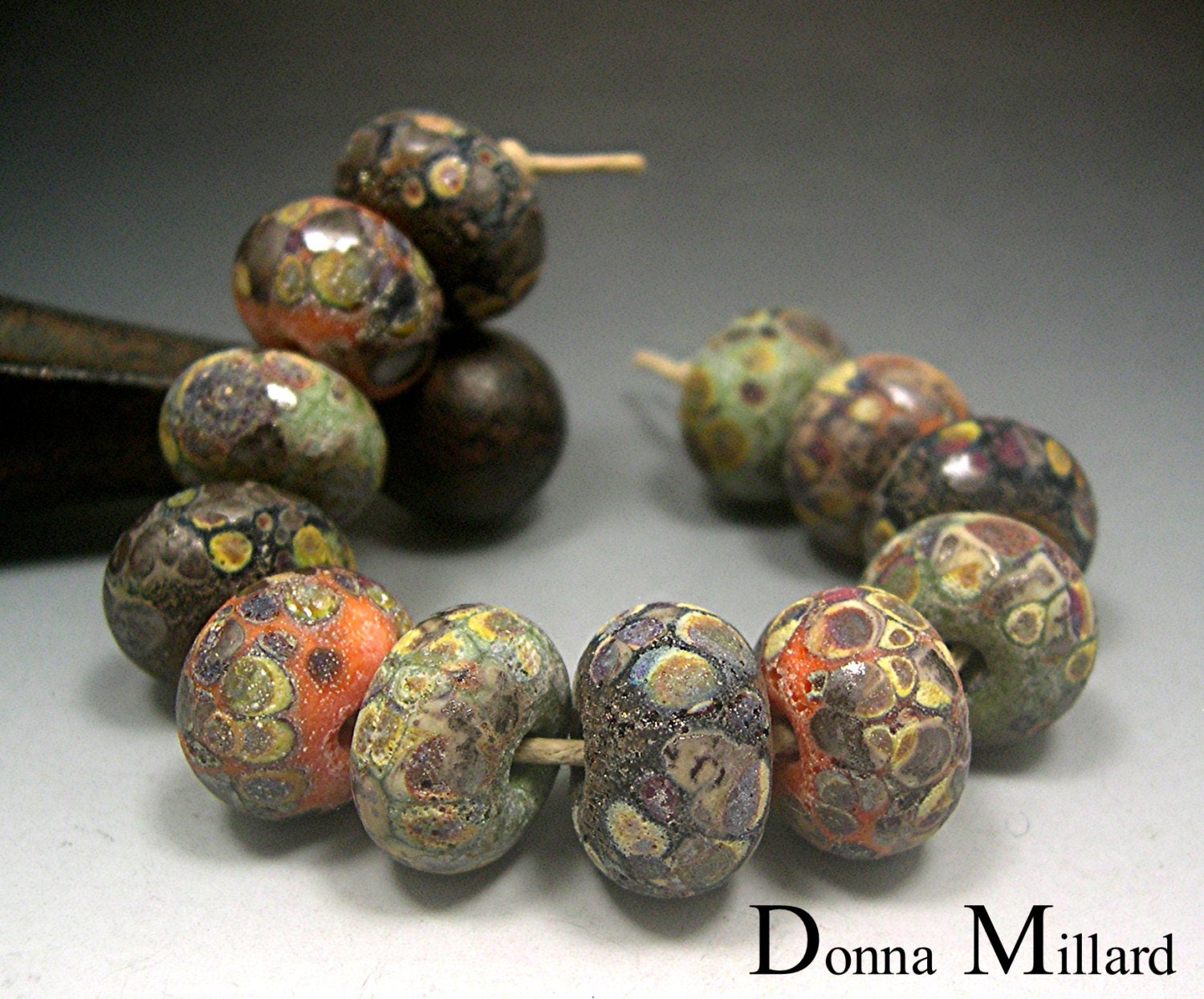 HANDMADE LAMPWORK GLASS Bead Set Donna Millard rustic relic assemblage orange green black