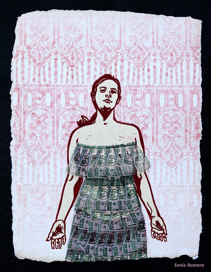 Outer Layer Dollar Fashion Linocut Print
