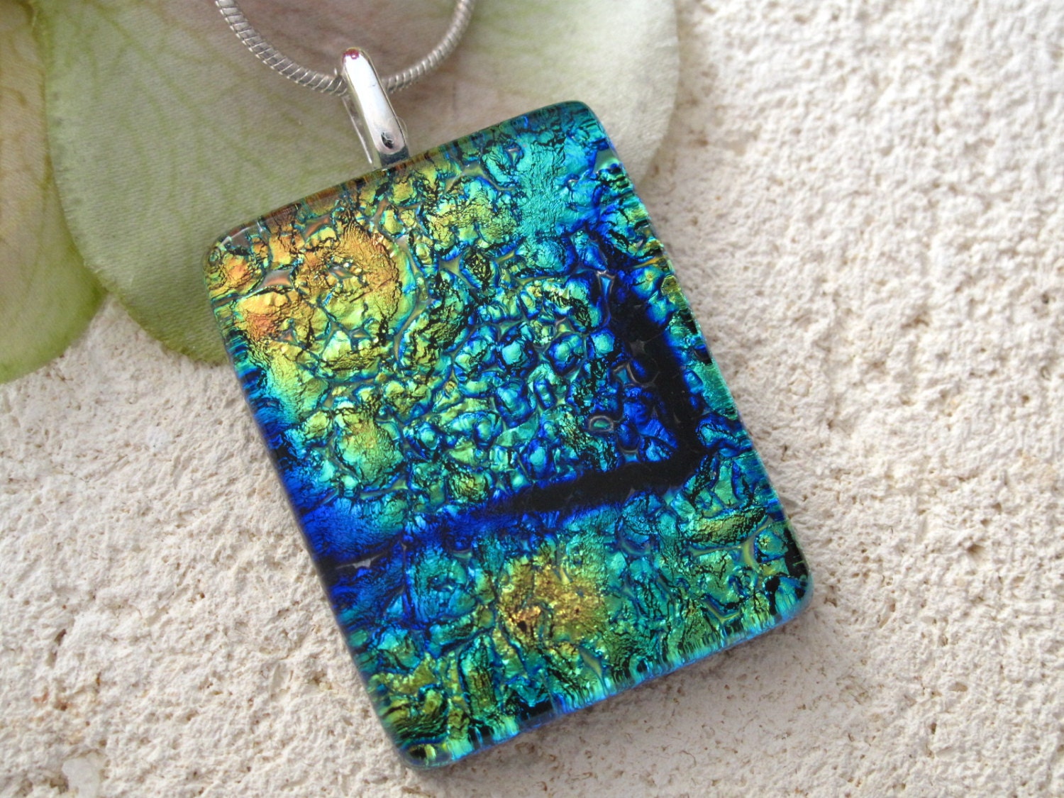 Green Blue Gold - Dichroic Jewelry - Pendant -  Fused Glass Jewelry - Dichroic Glass Jewelry - Necklace Emerald - 051313p103