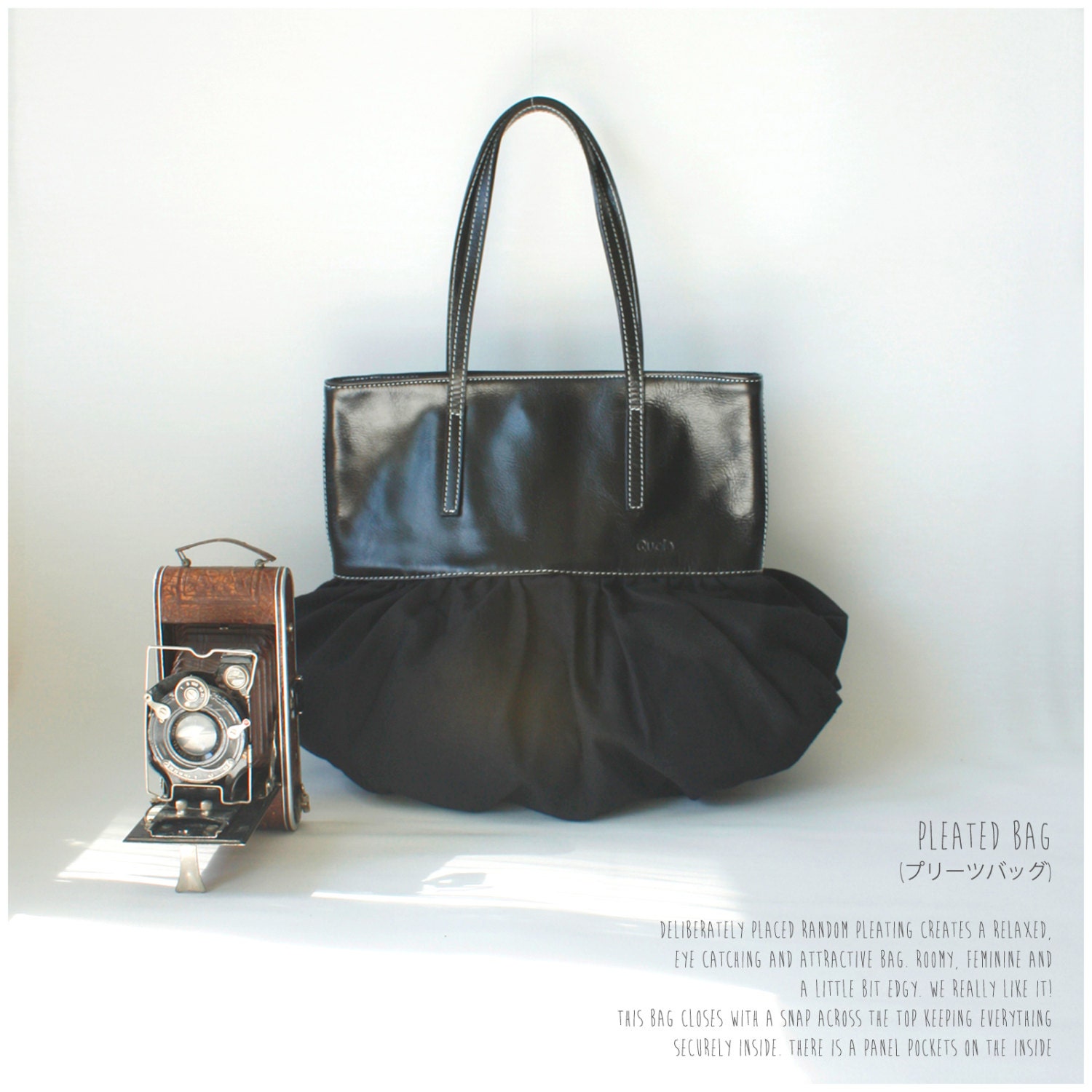 SALE 30% off (Coupon code - Marchsale) Quote Studio Pleated Bag -- Leather and Canvas --black