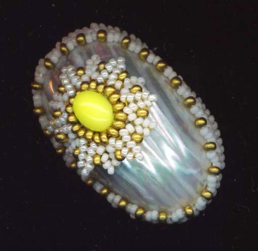 Mother of Pearl MOP Bridal Ring . Beadwoven Flower . Yellow Glass . Adjustable Golden Ring - June Bride by enchantedbeads on Etsy
