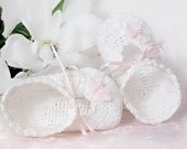 Baby Booties, Newborn Christening, Baptism Booties, White Lace Booty Slippers with Pink Bows, 0 - 3 Months