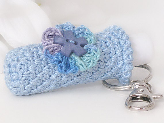 Lip Balm Holder Crochet Key Chain, Plush Key Holder, Blue with Variegated Blue Crochet Flower