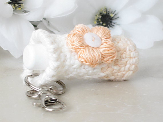 Lip Balm Crochet Key Chain, Extra Thick, Plushie Key Holder in Peaches & Cream with Peach Puff Crochet Flower