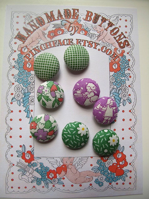 Handmade Fabric covered button mixed set of 8 greens and violets, sewing supplies