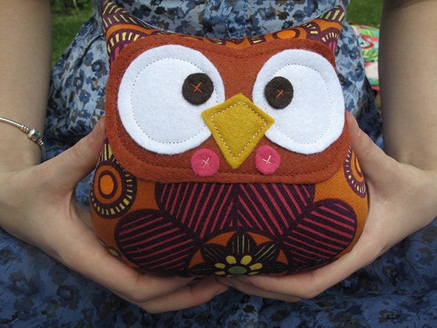 Owl plush toy retro seventies fabric design