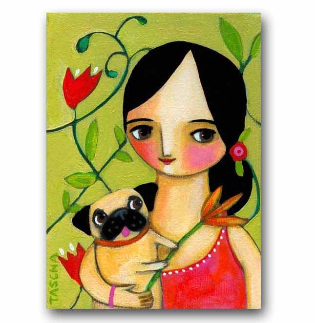 ORIGINAL pug dog painting with flowers acrylic on canvas original by tascha