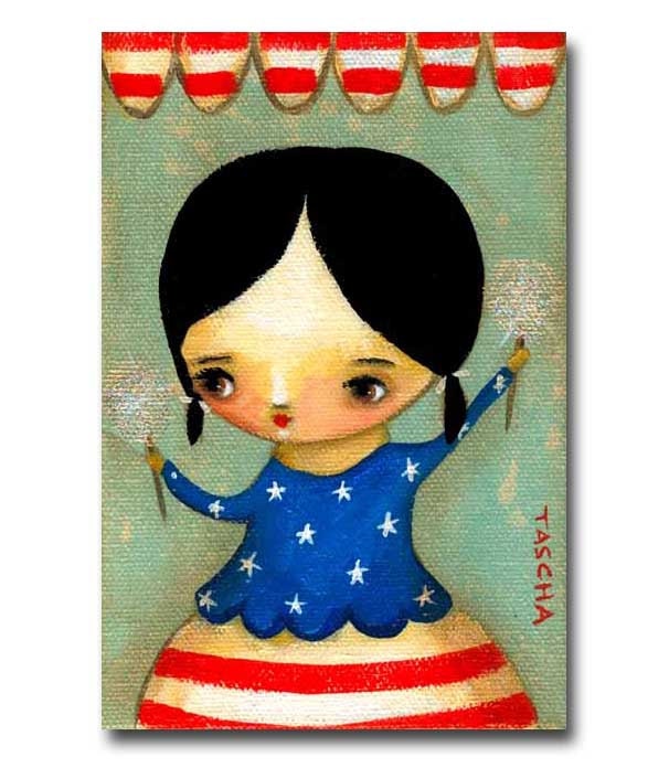 ORIGINAL americana JULY 4th celebration with sparklers cute flag girl folk art by tascha