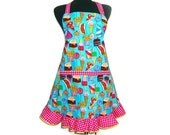 Retro Kitchen Apron,  State Fair Foods,  Teal with Hot Pink Hostess Style Ruffle