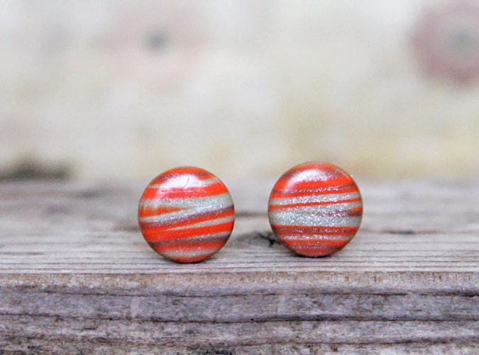 Landscape.  Post earrings. Studs. Earring posts. Polymer clay. Round earrings. Sunset. Sunrise. Orange brown. 15mm