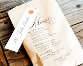 Dinner Celebration Brown Bag Menu and Escort Tag -  Wedding Biscuit or Treat Bag  -  One Bag
