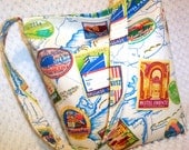 Hobo Bag Purse Shoulder Sling Tote Bag Retro Travel Map and Stripes Aqua and Lime