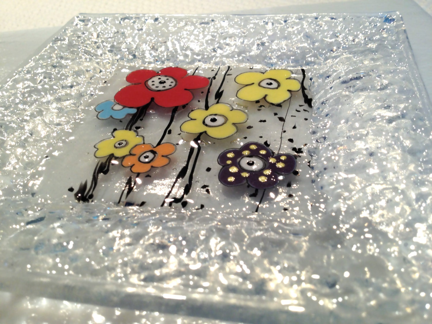 Fused Glass Dish: Cartoon Flower Bouquet 4