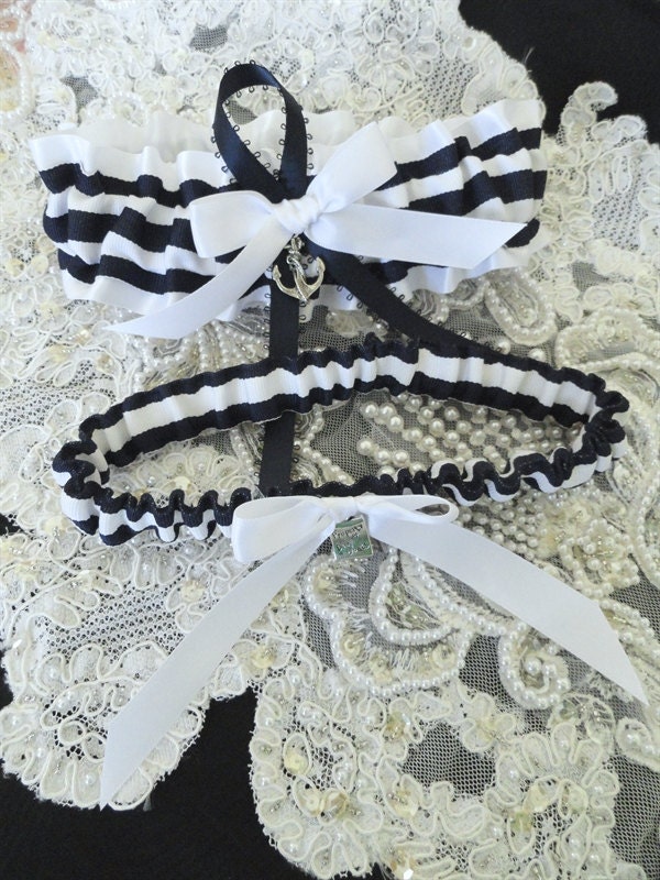 Dark Navy Blue-White Nautical Stripe Garter-Charms