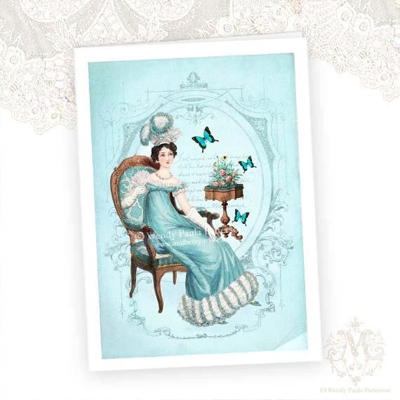 Jane Austen, Pride and Prejudice, Greeting card, Emma, Regency, Chair, Blue, Birthday Card, Regency Funiture, Flowers