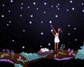Stars Art, Magical, Nighttime, Girl Art Print - "Making Wishes" - Art Print 13x19