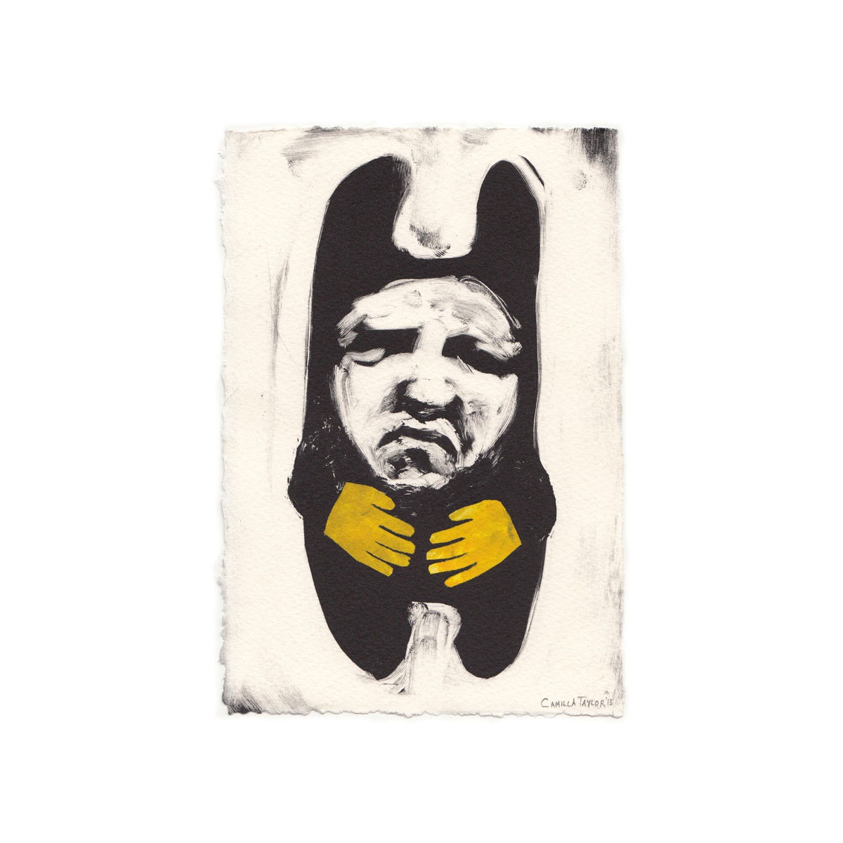 Yellow hands bunny man monoprint fine art print