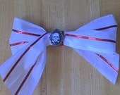 Red and White Ribbon Barrett with Skull and Crossbones Cameo for LARP, Steampunk, Day of the Dead, Carnival
