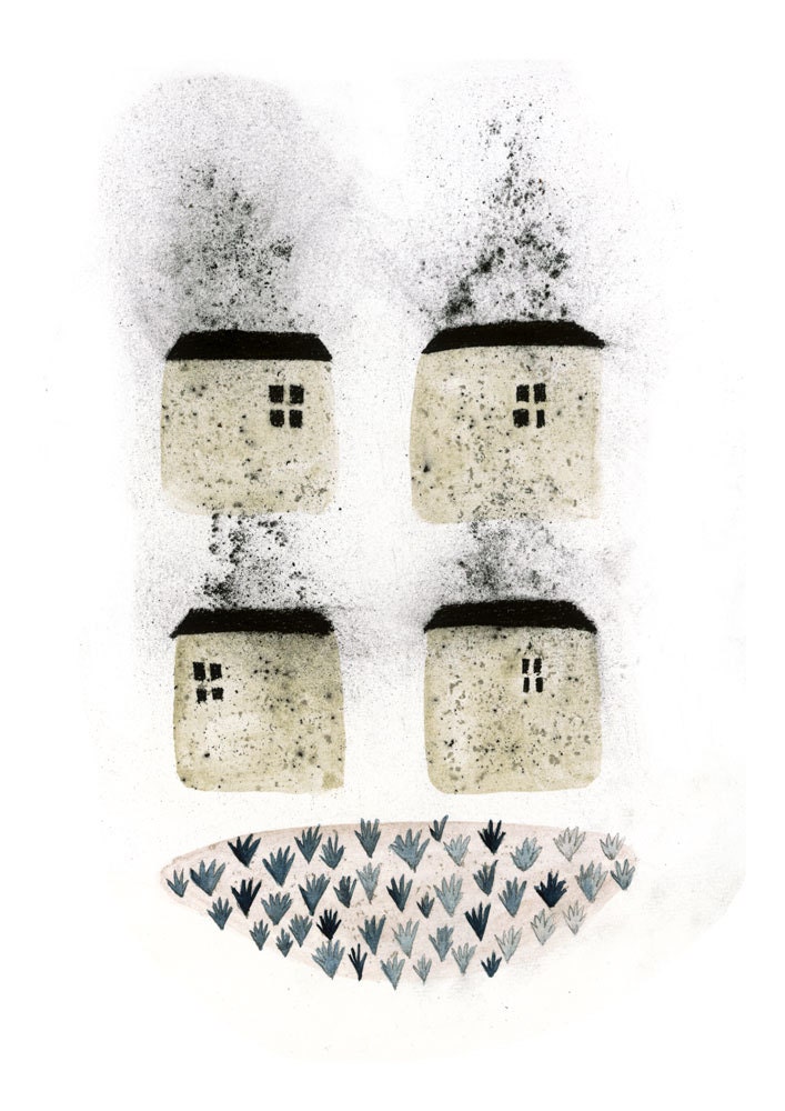Mixed media painting - Village - digital print