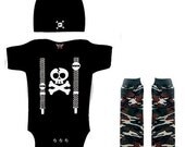 Punk Rock Baby Boy Rockstar Kit black romper one piece layette leg warmers hat YOU CHOOSE IMAGE camoflauge Army Skull Boys Rock