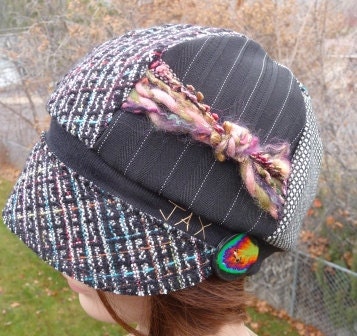 Jax Hats made from 3 upcycled skirts in  black plaids with flecks of color - first 3 hats in the photos