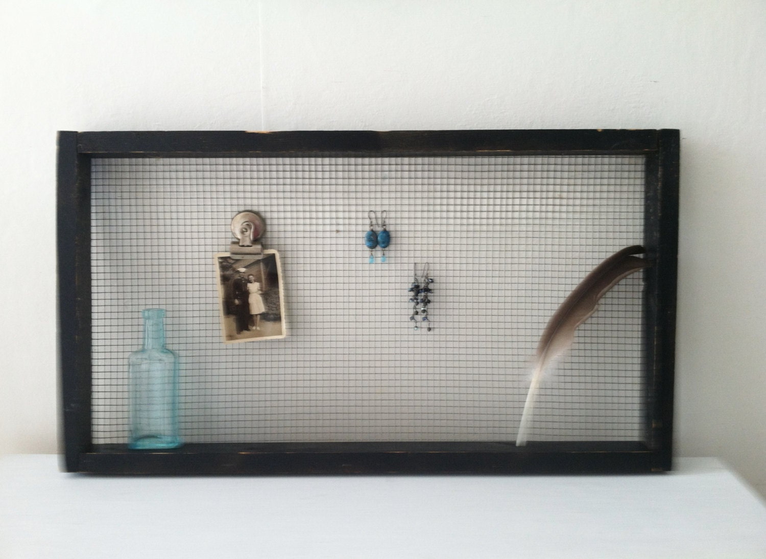 vintage wood framed screen drying rack or repurposed jewelry holder