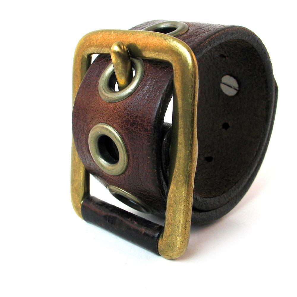 Chocolate Brown Leather Cuff Bracelet MiniBelt with Brass Buckle, Adjustable, Wristband, OOAK