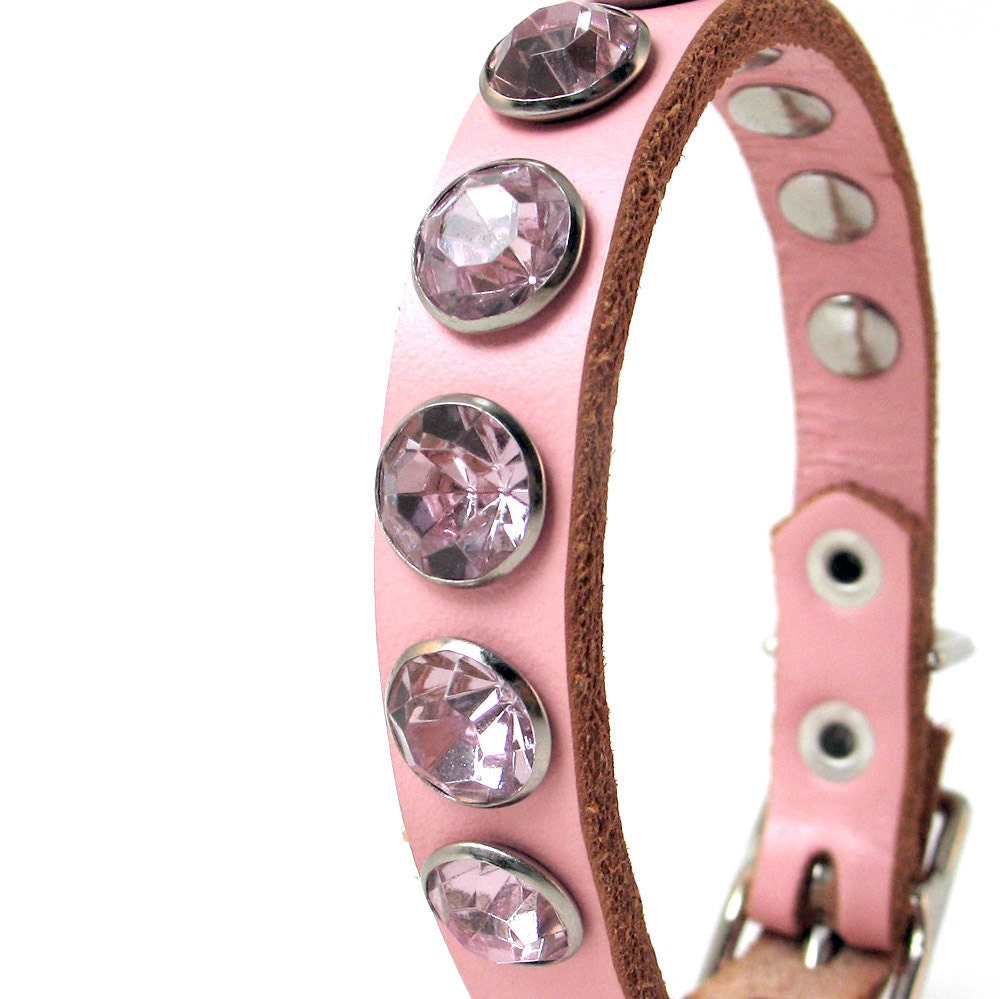 Pink Crystals on Leather Dog Collar, Size XS, Extra Small Dog, to fit a 7-9in Neck, Eco Friendly