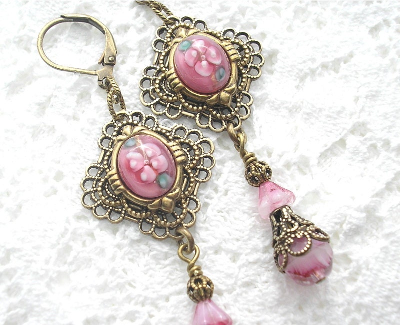 Raindrops on Roses Earrings - Rose Pink Vintage Glass with Beaded Dangles Drops Antiqued Brass