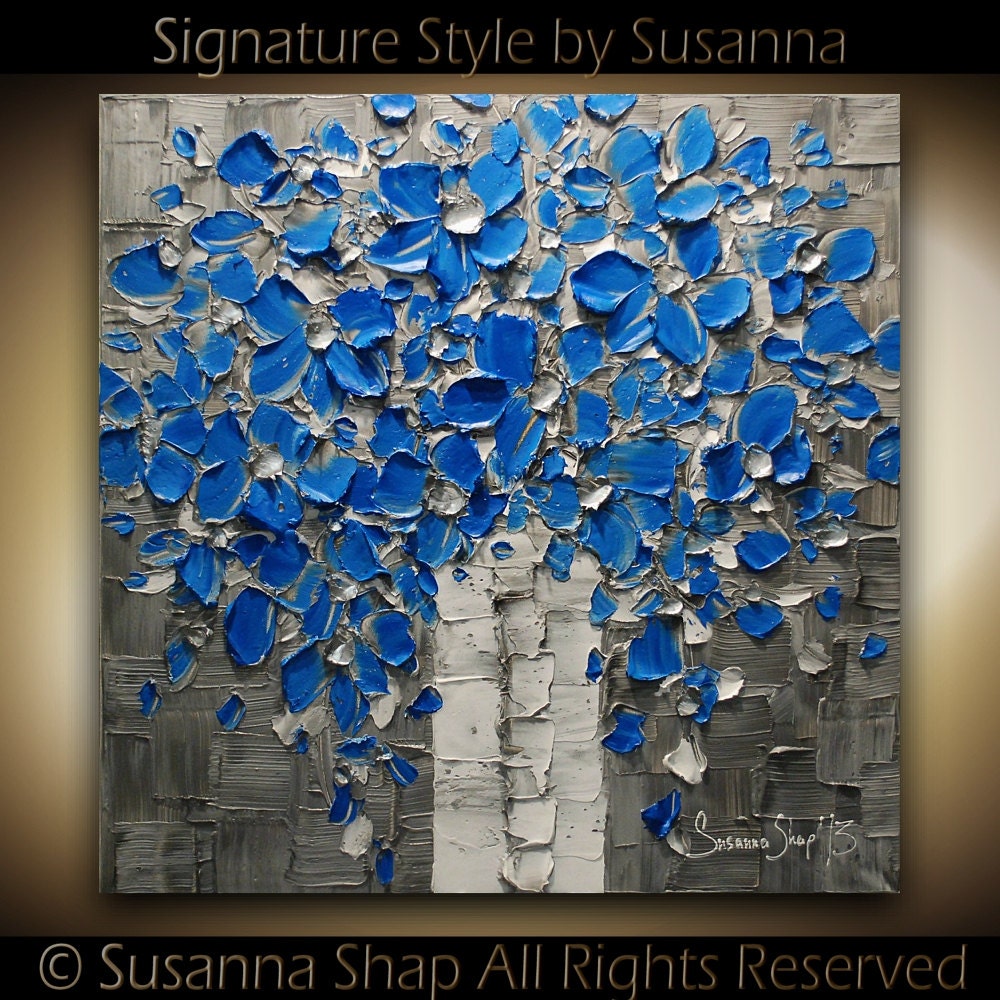ORIGINAL Contemporary Blue Flowers Bouquet in Vase Thick Impasto Textured Oil Painting by Susanna