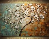 ORIGINAL Tree Painting - Large Textured White Cherry Blossom Tree Abstract Oil Painting Gallery Fine Art by Susanna Ready to Hang 36x24