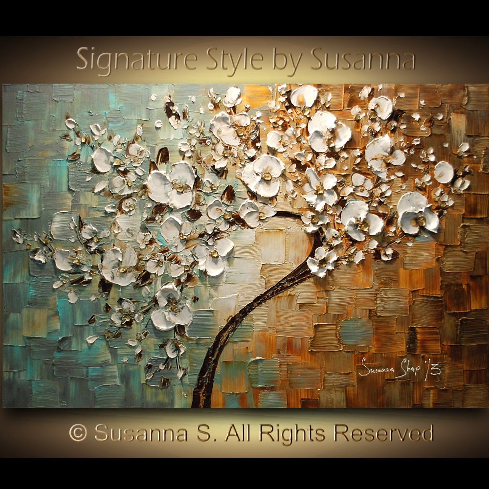 ORIGINAL Tree Painting - Large Textured White Cherry Blossom Tree Abstract Oil Painting Gallery Fine Art by Susanna Ready to Hang 36x24