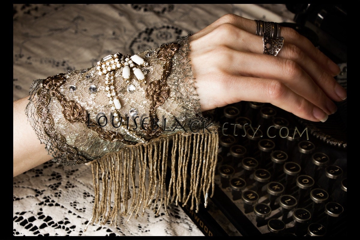 Luxe Art Deco Silver Screen Metallic Lace Flapper Cuff by Louise Black