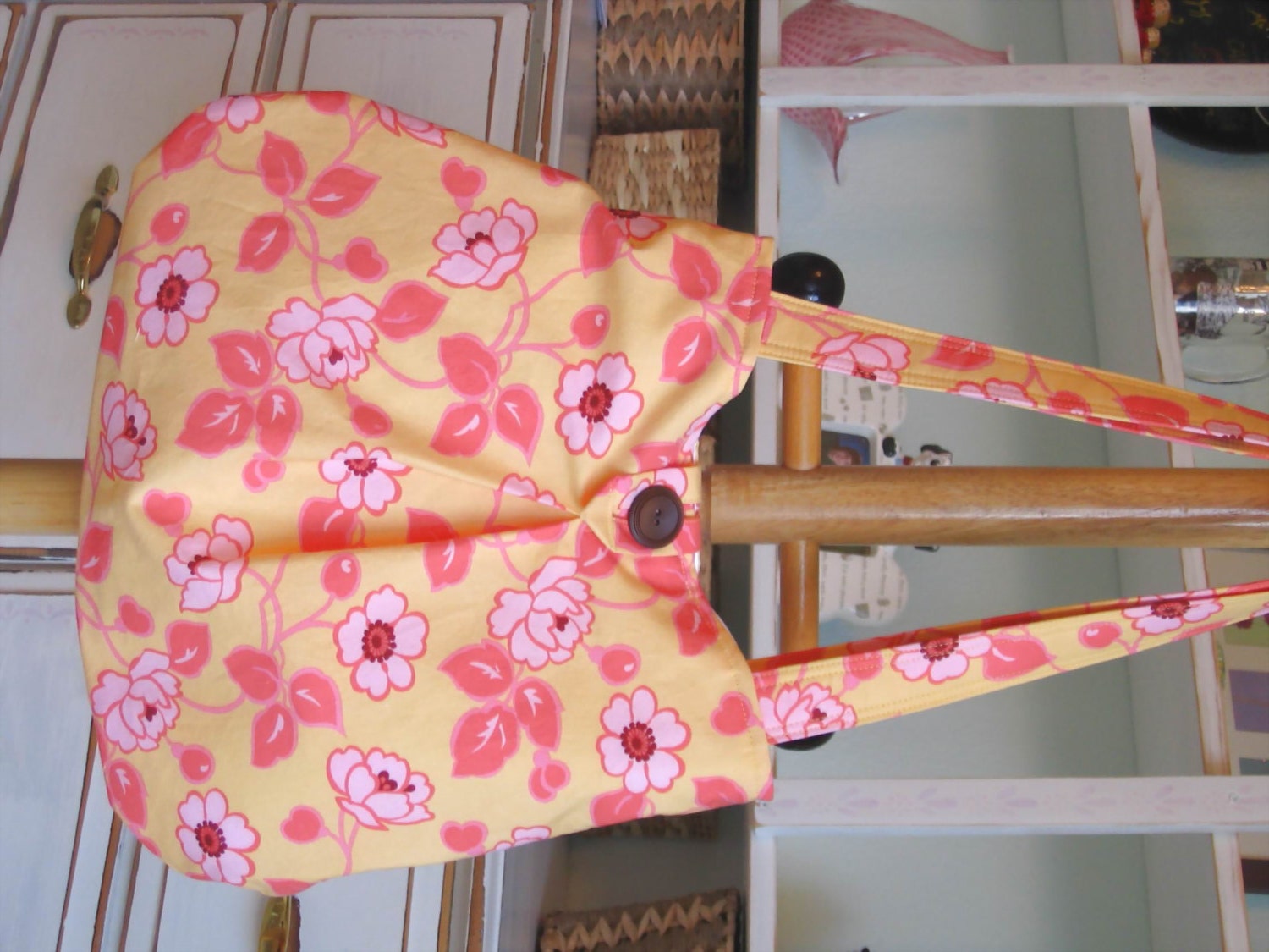 ON SALE was 35.00 -- Tote Bag- Purse- Chocolate- Yellow- Pink- Flowers- Leaves