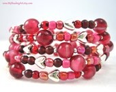 Valentines Day Bracelet, Red Pink Hearts, Beaded, Bracelet Cuff, Wraparound, Wrap Around, Jewelry, Memory Wire Bracelets, Handmade, Artisan