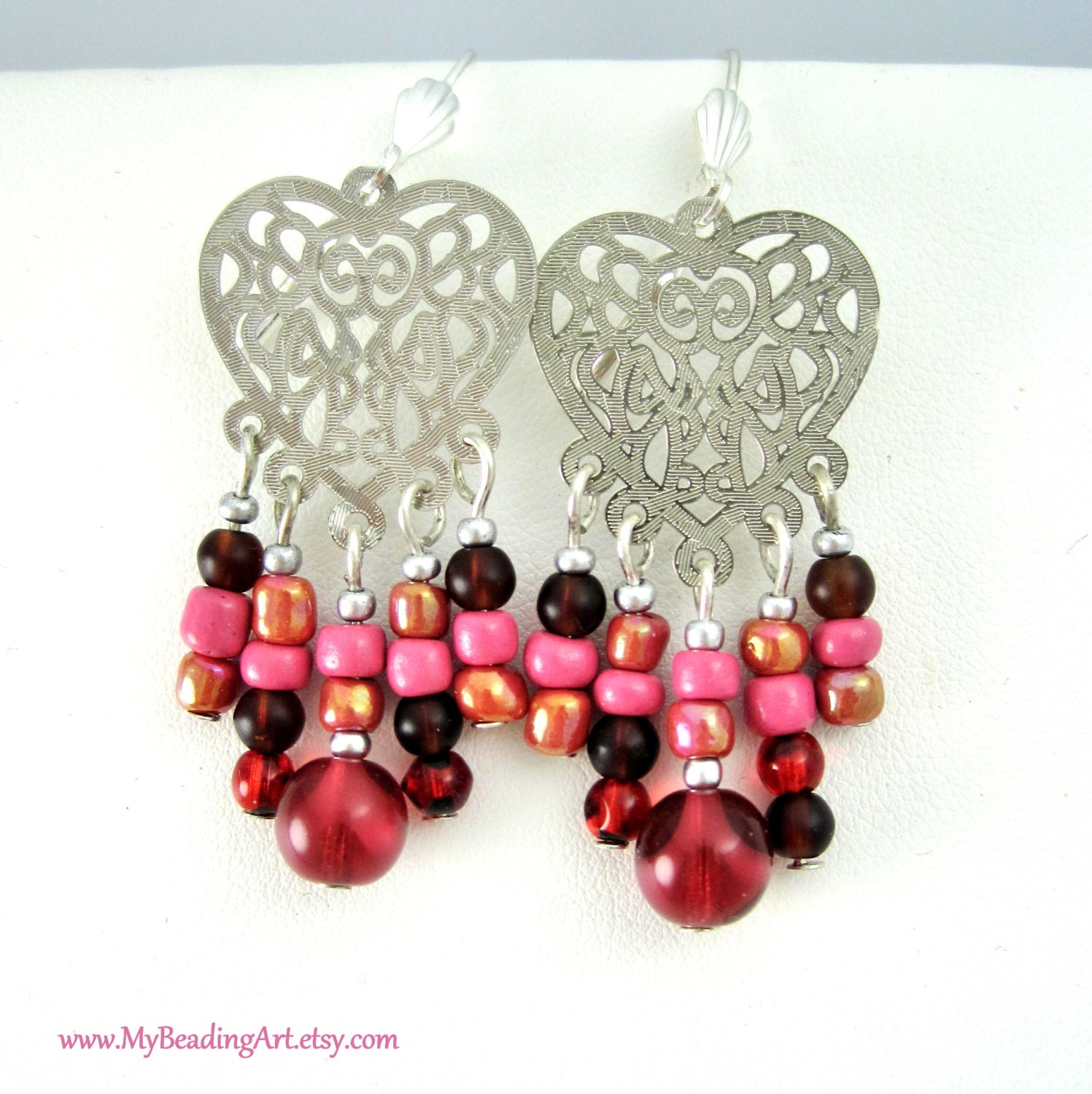 Valentines Day Earrings, Pink Red Hearts Love, Beaded, Dangle, Womens, Teens, Teenagers, Jewelry, Handmade, Artisan, Trendy, Boho, Gifts