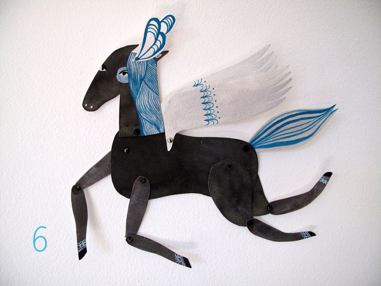 Dancer / Winged Grey, Siver, Aqua and Plumed Horse Articulated Decoration  / Hinged Beasts Series