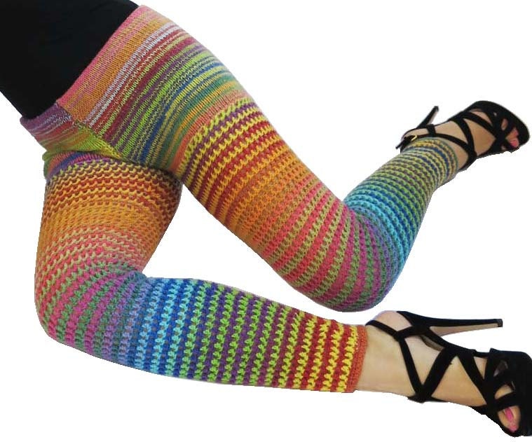 Size Small / 4-6 - Rainbow Bright Wool Crochet Pants -  Leggings - Footless Tights