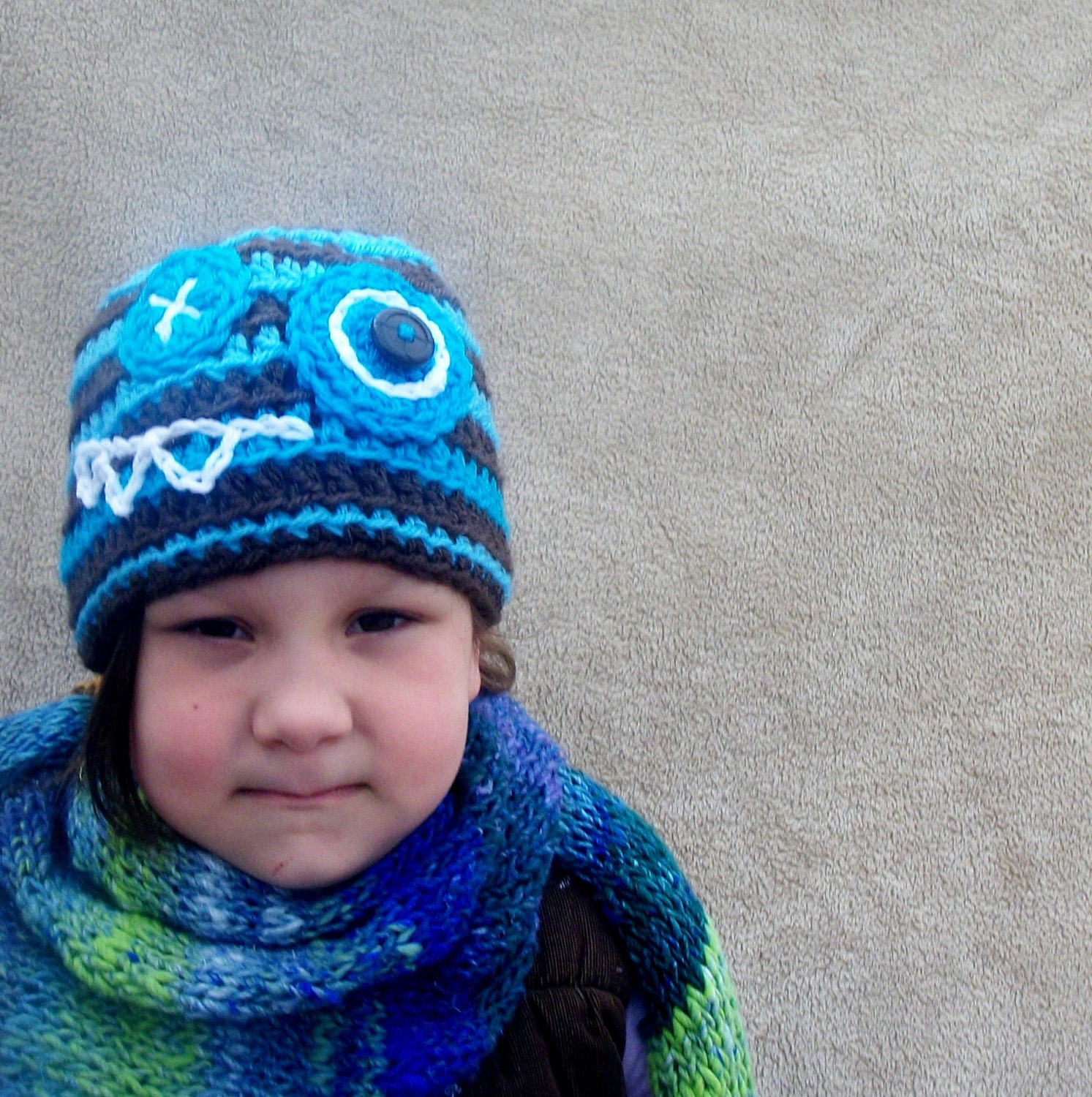 Monster Hat - Chocolate Brown, Turquiose Blue Crochet Beanie for Children, Cute Hat for Boys, Button Eye, Pointy Teeth