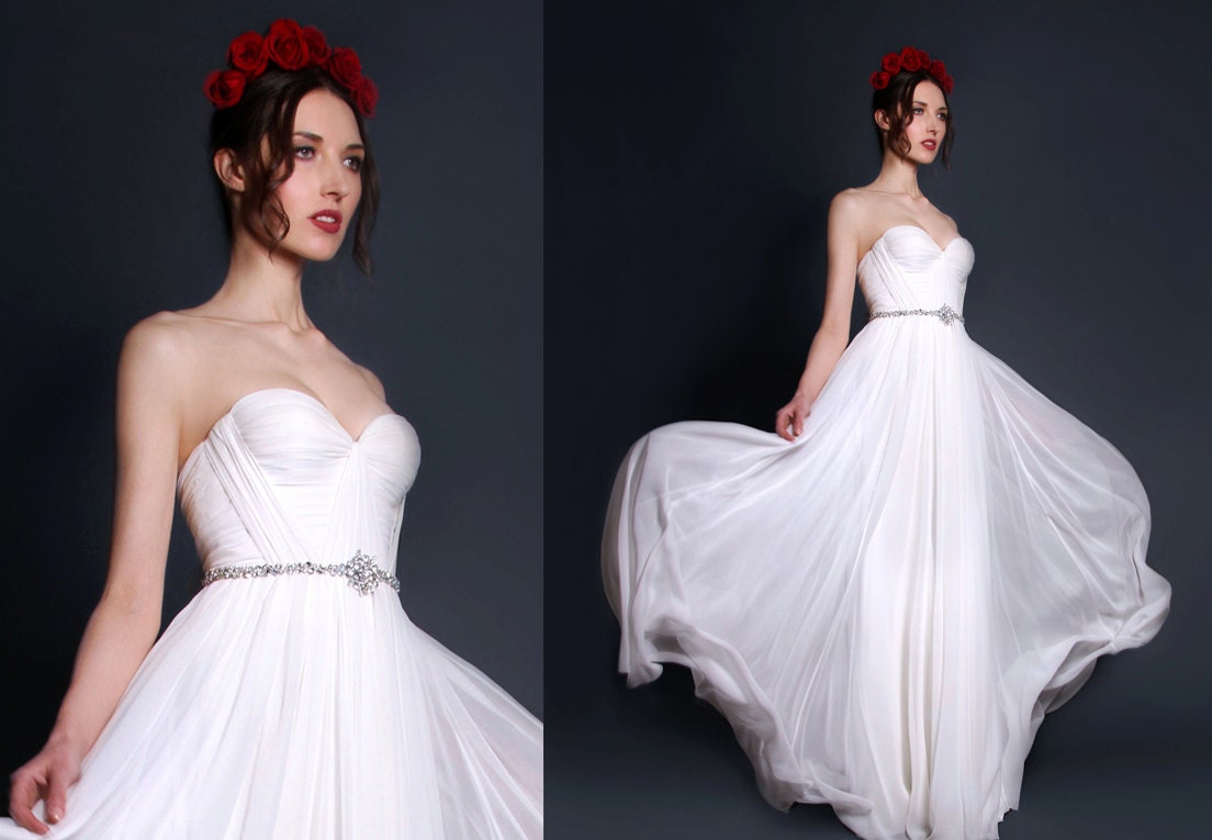 Annie Wedding Gown Silk Hand Gathered Bustier Gown with Crystal Sash