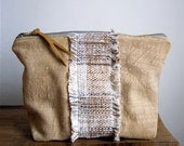 Handwoven and Henna Linen Cotton Clutch /  Rustic / Zipper Pouch / Ecru / Pale Mustard