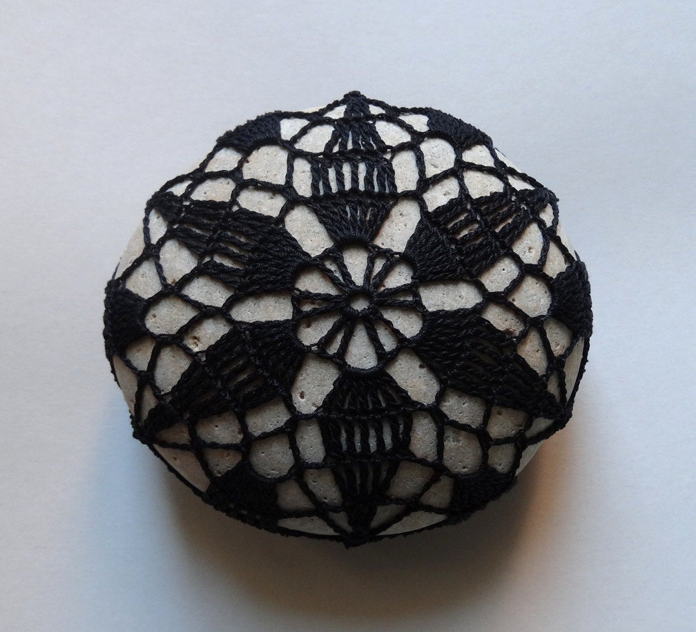 Home Decor, Collectible, Housewares, Crochet Lace Stone, Handmade, Art, Original, Table Decoration, Black Thread, Light Gray Stone