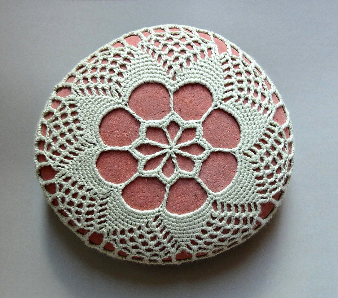 Art, Mixed Media, Crochet Lace Stone, Original, Table Decoration, Home Decor, Folk Art, Wedding, Light Green, Red Stone, Handmade