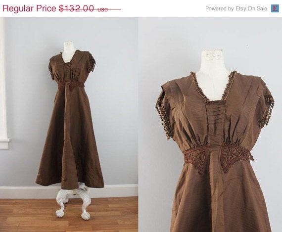 SUMMER SALE antique Edwardian brown soutache beaded fringe gown XXS