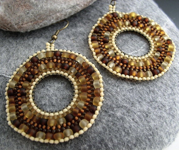 Aria - Mojave Sands - Beaded Silver Hoop Stainless Steel Earrings Earth Tones Amber Champagne Topaz Root Beer Cream