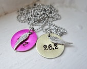 READY TO SHIP marathon necklace with wing 26.2, 13.1, 10K, or 5K in pink, gold, purple, green, or red